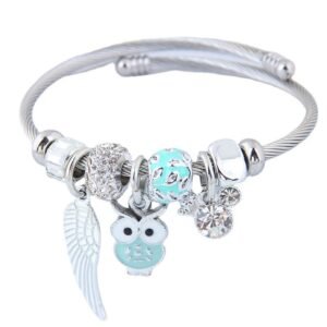 DIY Beaded Owl Angel Wings Pendant Stainless Steel Bracelet - Image 1