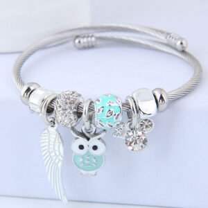 DIY Beaded Owl Angel Wings Pendant Stainless Steel Bracelet - Image 3