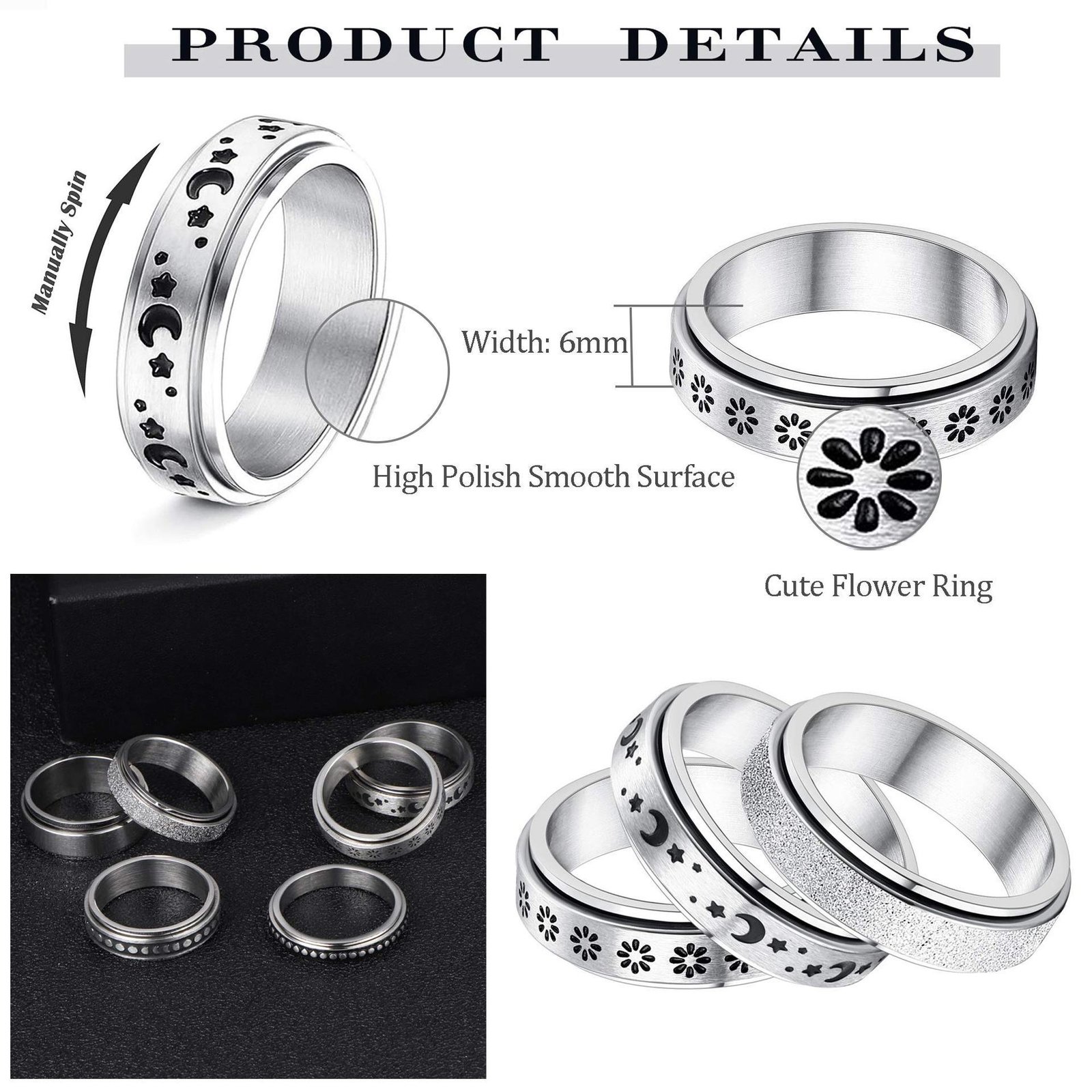 Stainless Steel Rotatable Spinner Ring Moon Stars Relieve Anxiety Rings - Image 3